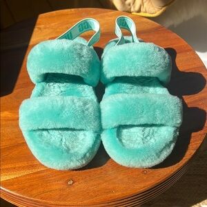 Fluffy Teal Slippers